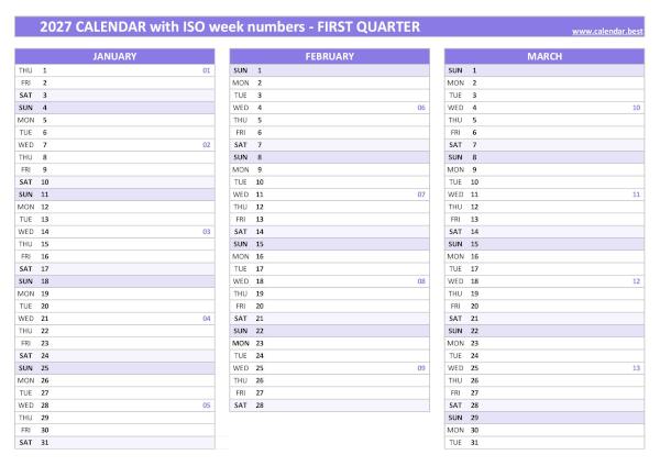 Calendar for the first quarter of 2027 with iso week numbers