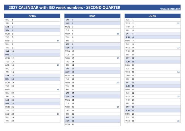 Calendar for the second quarter of 2027 with iso week numbers