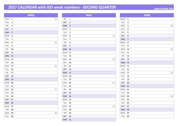 Calendar for the second quarter of 2027 with iso week numbers