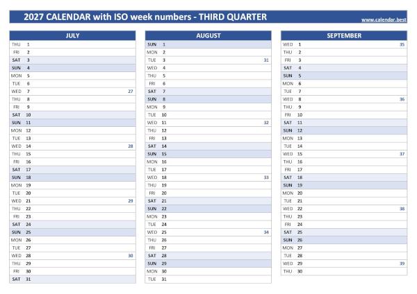 Calendar for the third quarter of 2027 with iso week numbers