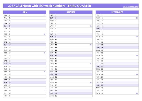 Calendar for the third quarter of 2027 with iso week numbers
