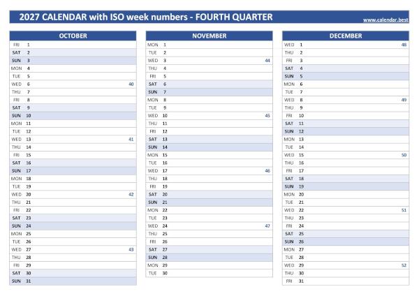 Calendar for the fourth quarter of 2027 with iso week numbers