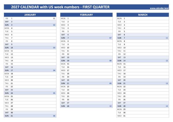 Calendar for the first quarter of 2027 with week numbers