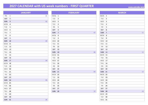 Calendar for the first quarter of 2027 with week numbers