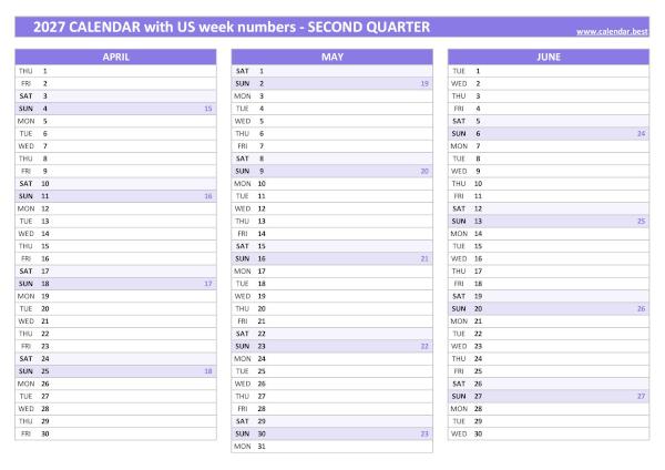 Calendar for the second quarter of 2027 with week numbers
