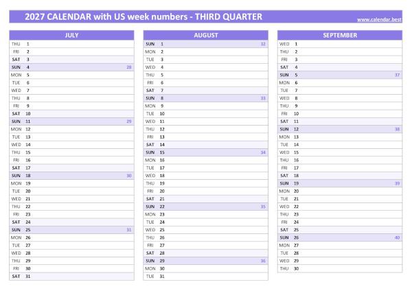 Calendar for the third quarter of 2027 with week numbers