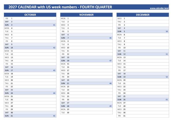 Calendar for the fourth quarter of 2027 with week numbers