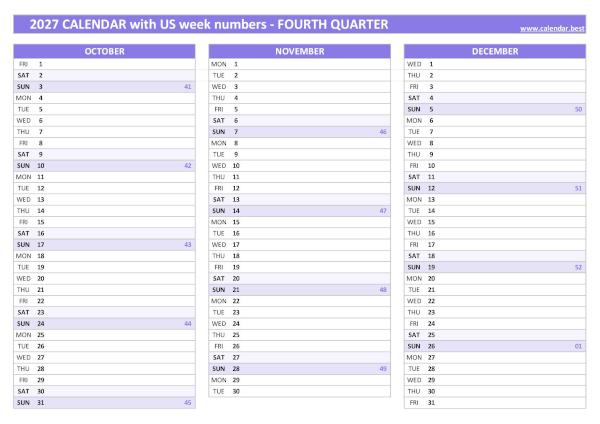 Calendar for the fourth quarter of 2027 with week numbers