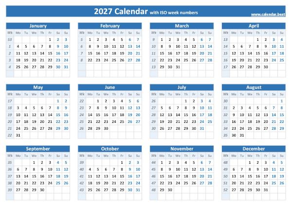 Printable 2027 calendar with week numbers, free download, landscape A4 version, blue template. 2027 calendar with week numbers.
