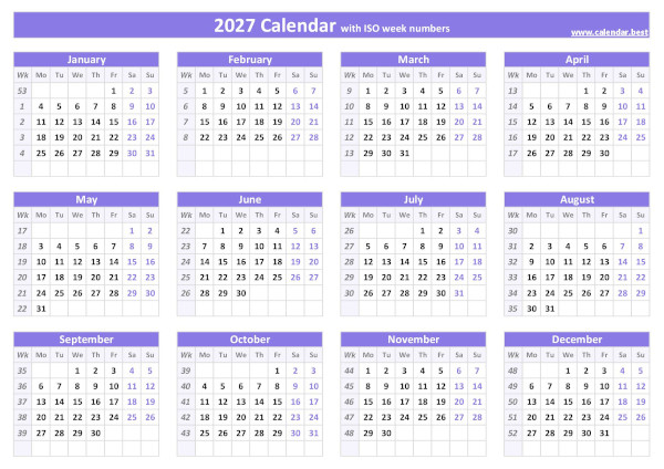 Printable 2027 calendar with ISO week numbers, free download, landscape A4 version, purple template. 2027 calendar with week numbers.