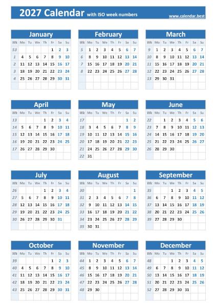Printable 2027 calendar with ISO weeks, free dowload in pdf or jpg, portrait format, blue template. 2027 calendar with ISO weeks, blue template