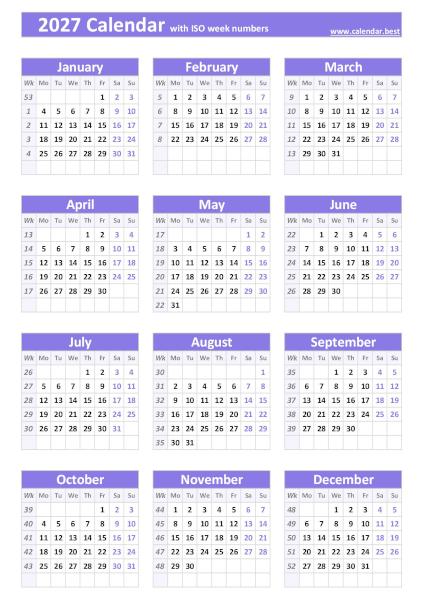 Printable 2027 calendar with ISO weeks, free dowload in pdf or jpg, portrait format, purple template. 2027 calendar with ISO weeks, purple template