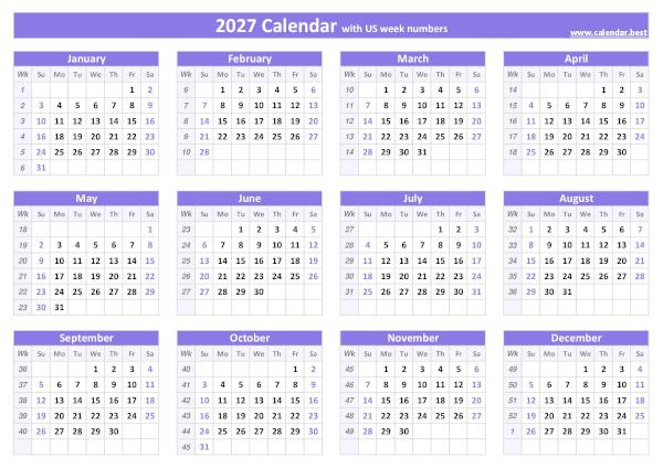 Printable 2027 calendar with US week numbers, free download, landscape A4 version, purple template. 2027 calendar with week numbers.