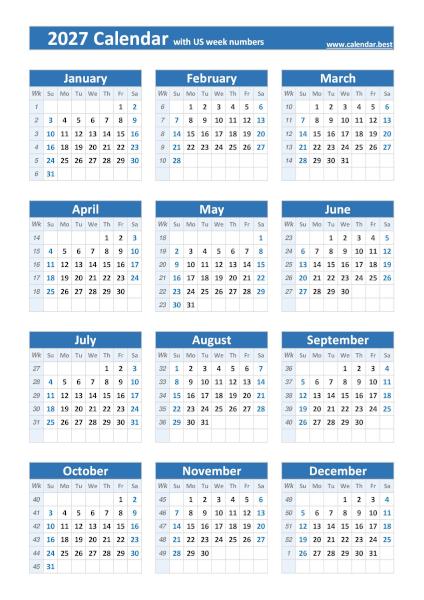 Printable 2027 calendar with US weeks, free dowload in pdf or jpg, portrait format, blue template. 2027 calendar with US weeks, blue template