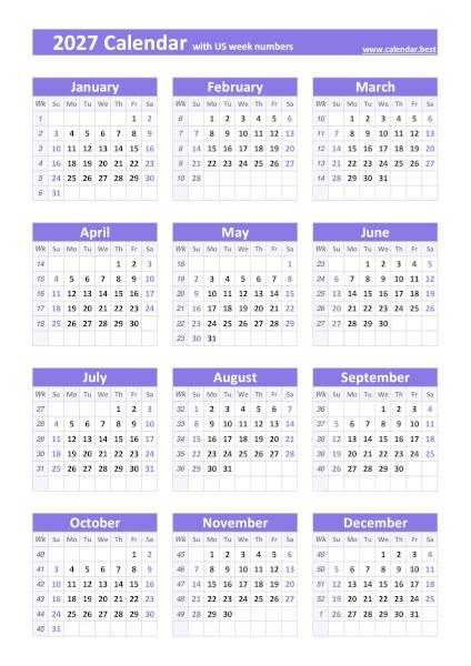 Printable 2027 calendar with US weeks, free dowload in pdf or jpg, portrait format, purple template. 2027 calendar with US weeks, purple template