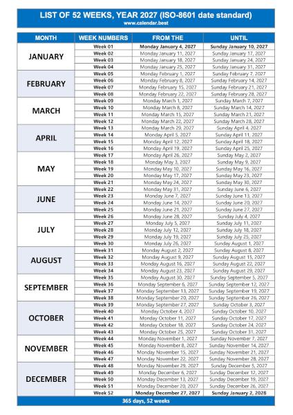 Keep the week numbers for the year 2027 handy - ISO-8601. List of week numbers for 2027 to print - ISO-8601.