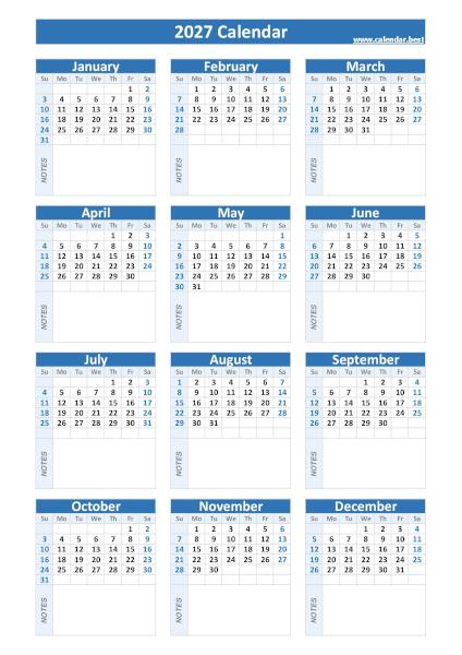 2027 calendar with blank notes