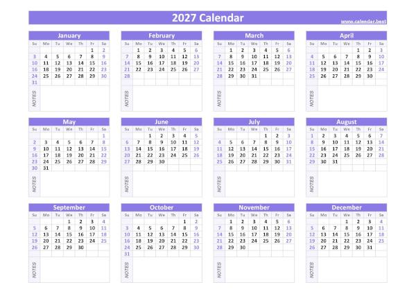 2027 calendar with blank notes