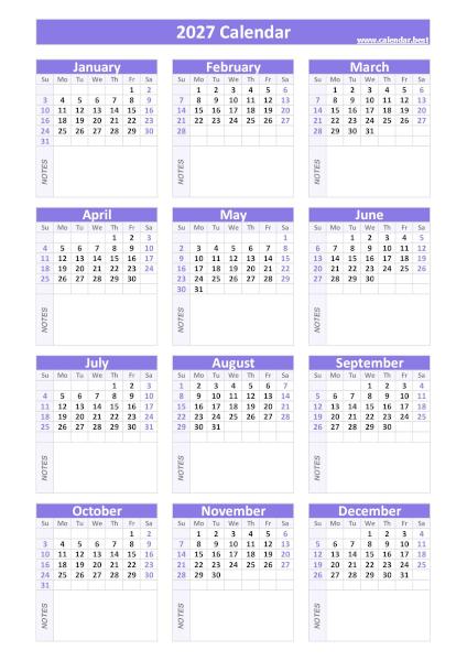 2027 calendar with blank notes