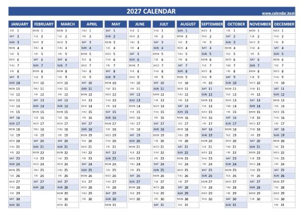 2027 yearly calendar