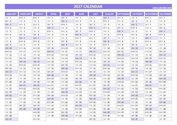2027 yearly calendar