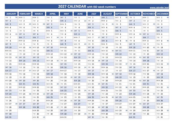 Printable 2027 calendar with ISO week numbers, free dowload in pdf or jpg, blue template. 2027 yearly calendar with ISO week numbers