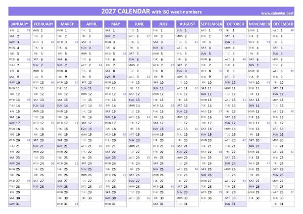 Printable 2027 calendar with iso week numbers, free dowload in pdf or jpg, purple template. 2027 calendar with iso week numbers