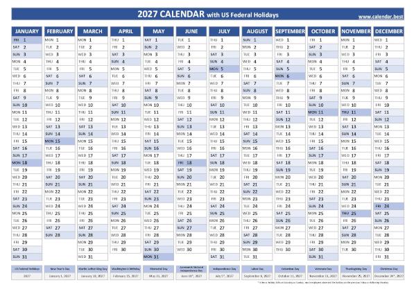 Printable 2027 calendar with holidays, free dowload in pdf or jpg, blue template. 2027 yearly calendar with holidays