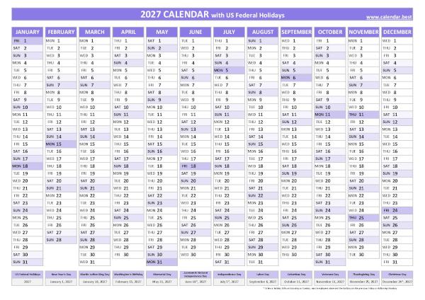 Printable 2027 calendar with holidays, free dowload in pdf or jpg, purple template. 2027 yearly calendar with holidays