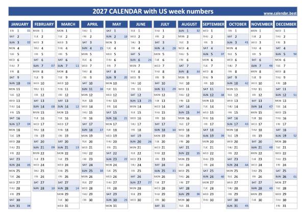 Printable 2027 calendar with week numbers, free dowload in pdf or jpg, blue template. 2027 yearly calendar with week numbers