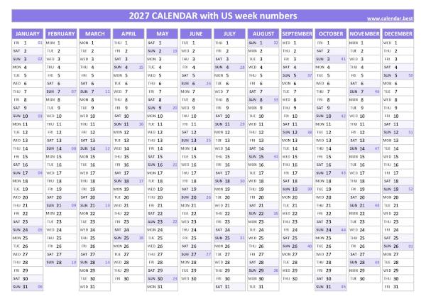 Printable 2027 calendar with week numbers, free dowload in pdf or jpg, purple template. 2027 calendar with week numbers
