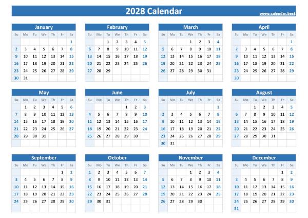 Printable 2028 calendar, free download in pdf or jpg, landscape A4 version, blue template. 2028 calendar.