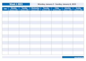 Weekly calendar to print: week 1 2023.