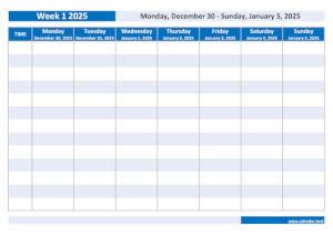 Weekly calendar to print: week 1 2025.
