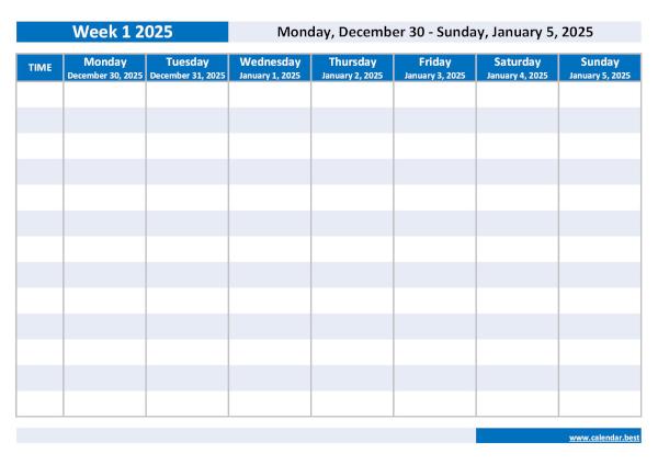 Week 1 2025: dates, calendar and weekly schedule to print