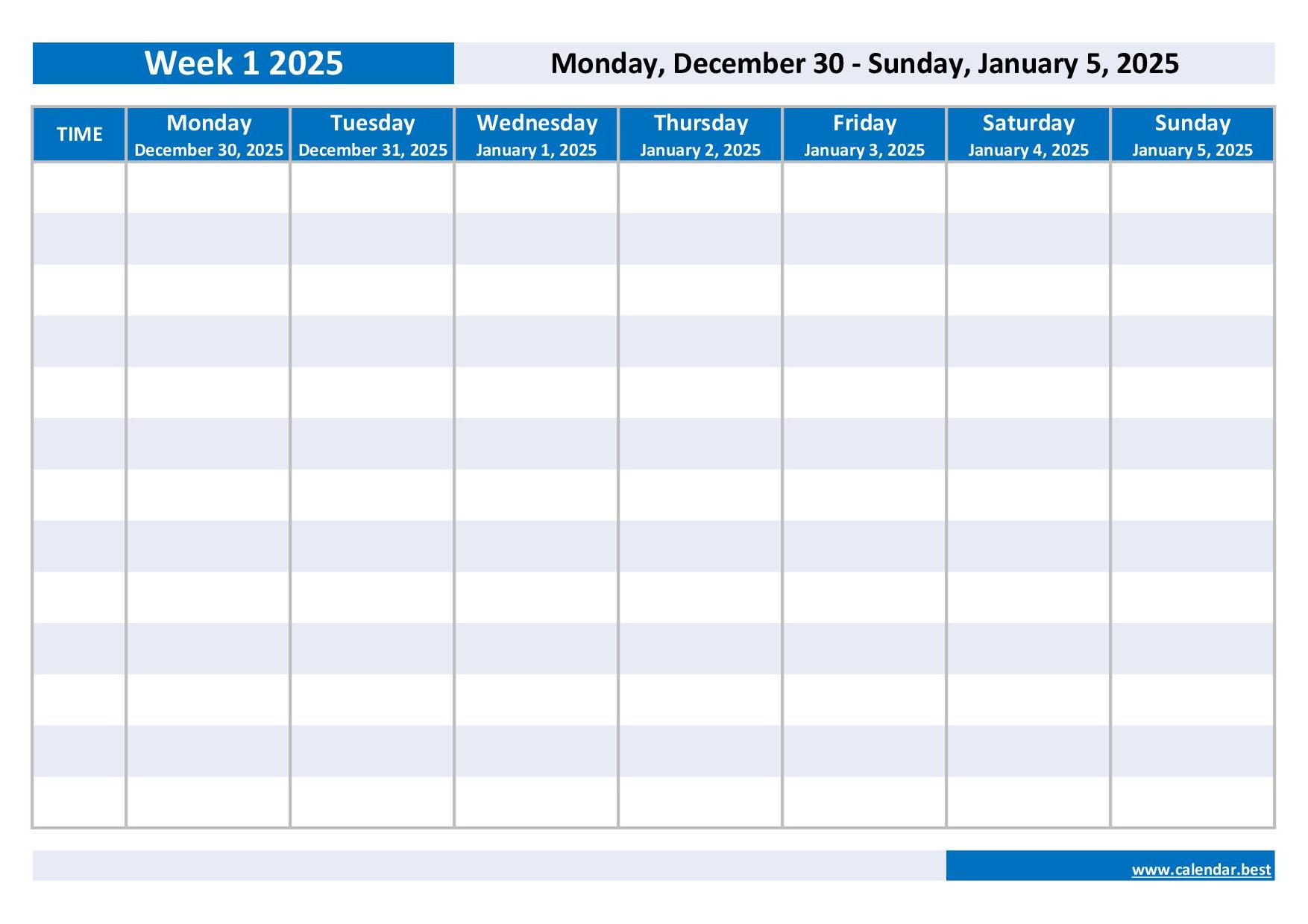 Week 1 2025: dates, calendar and weekly schedule to print