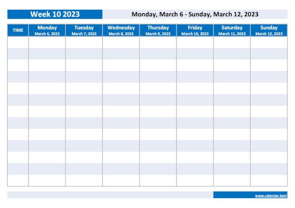 Organize your weekly schedule with our Week 10 2023 calendar. Week 10 2023 from March 6, 2023 to March 12, 2023, weekly calendar to print.