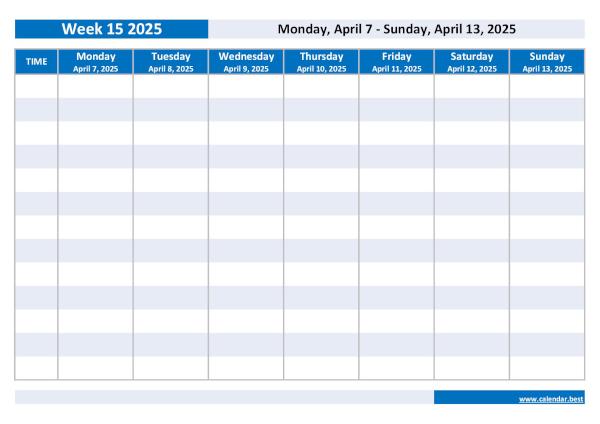 Organize your weekly schedule with our Week 15 2025 calendar. Week 15 2025 from April 7, 2025 to April 13, 2025, weekly calendar to print.