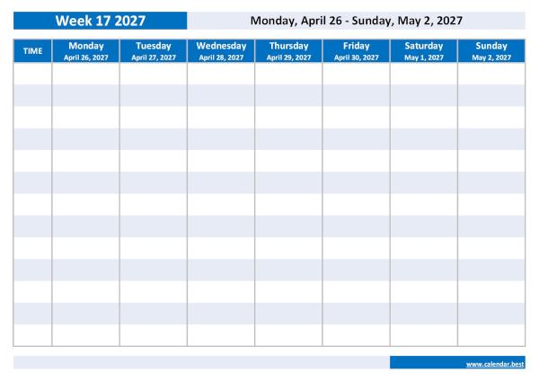 Organize your weekly schedule with our Week 17 2027 calendar. Week 17 2027 from April 26, 2027 to May 2, 2027, weekly calendar to print.