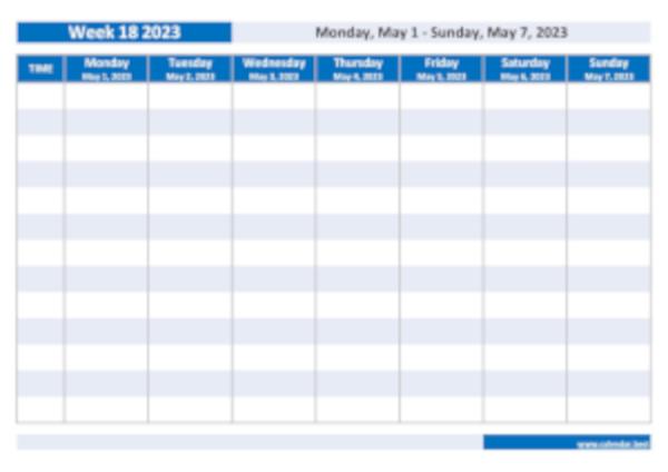 Week 18 2023 from May 1, 2023 to May 7, 2023, weekly calendar to print.