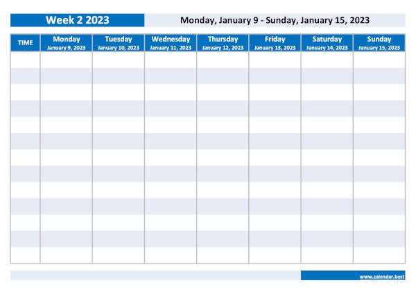 Week 2 2023 from January 9, 2023 to January 15, 2023, weekly calendar to print.