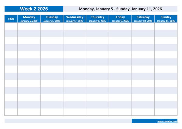 Organize your weekly schedule with our Week 2 2026 calendar. Week 2 2026 from January 5, 2026 to January 11, 2026, weekly calendar to print.