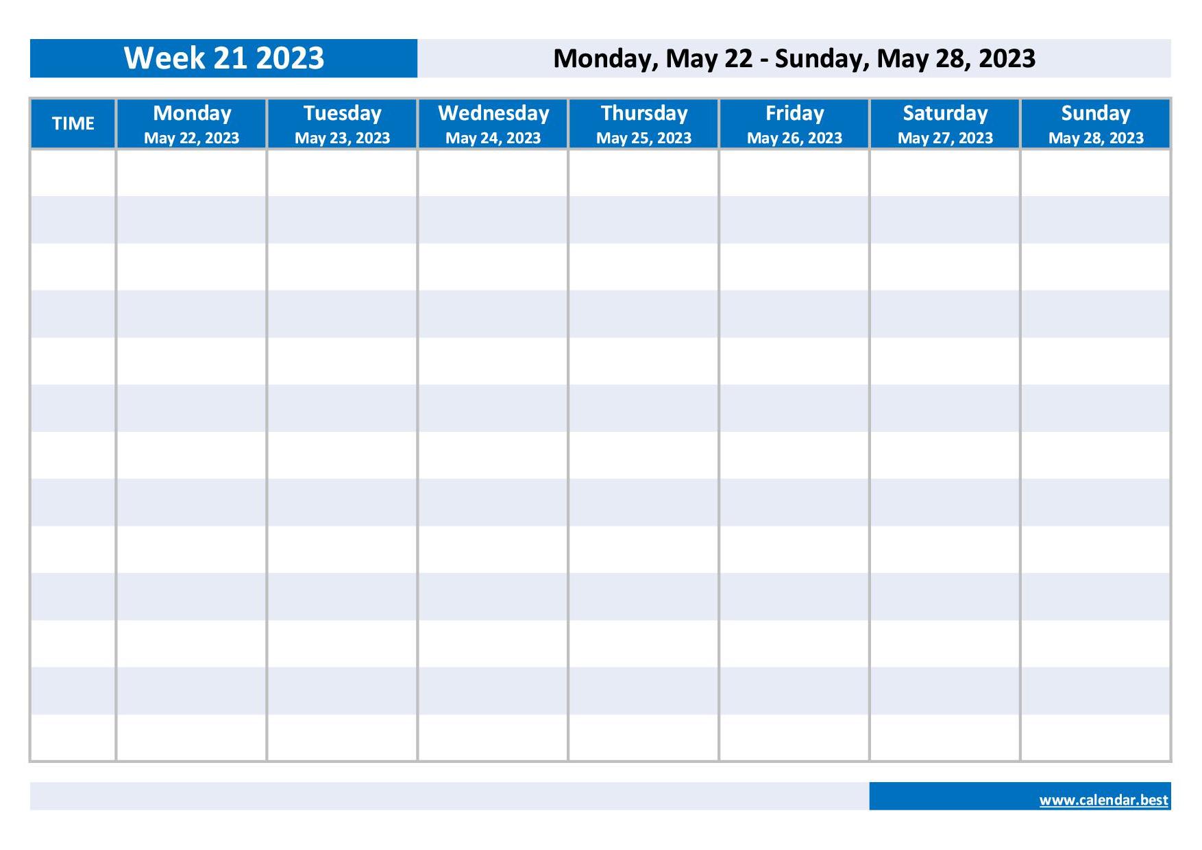 Week 21 2023: dates, calendar and weekly schedule to print Week 21 2023: dates, calendar and weekly schedule to print