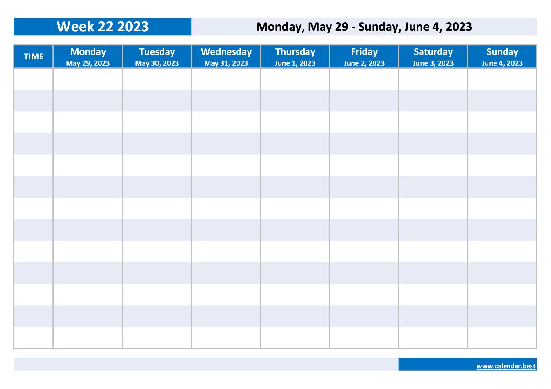 Week 22 2023: dates, calendar and weekly schedule to print Week 22 2023: dates, calendar and weekly schedule to print
