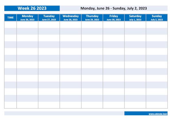 Week 26 2023 from June 26, 2023 to July 2, 2023, weekly calendar to print.