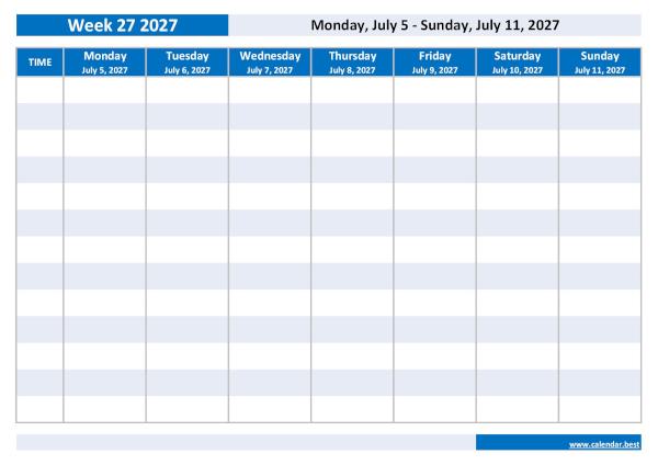 Organize your weekly schedule with our Week 27 2027 calendar. Week 27 2027 from July 5, 2027 to July 11, 2027, weekly calendar to print.