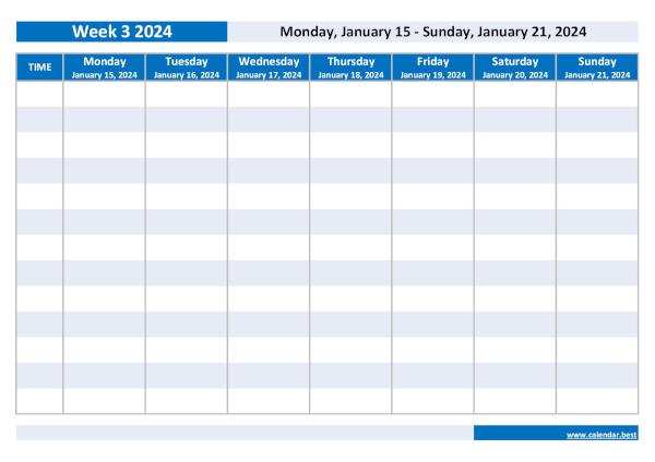 Week 3 2024 from January 15, 2024 to January 21, 2024, weekly calendar to print.