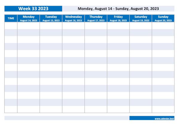 Organize your weekly schedule with our Week 33 2023 calendar. Week 33 2023 from August 14, 2023 to August 20, 2023, weekly calendar to print.