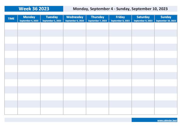 Week 36 2023 from September 4, 2023 to September 10, 2023, weekly calendar to print.