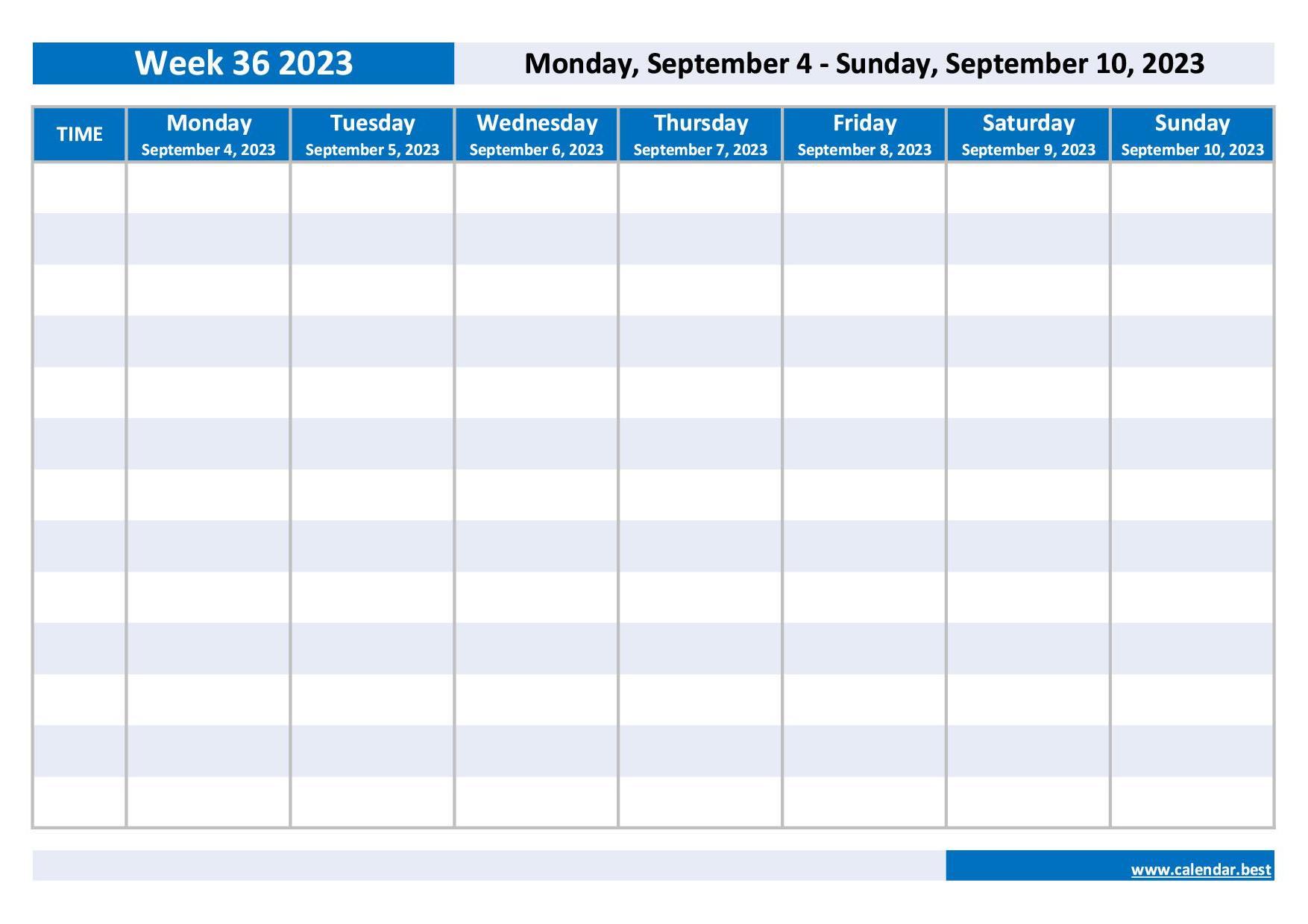 Week 36 2023 dates, calendar and weekly schedule to print